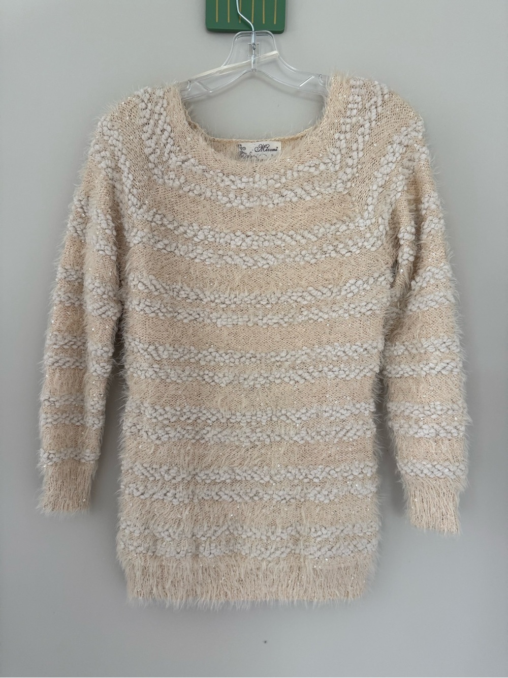 Soft Stripe Fuzzy Crewneck Sweater - Beige